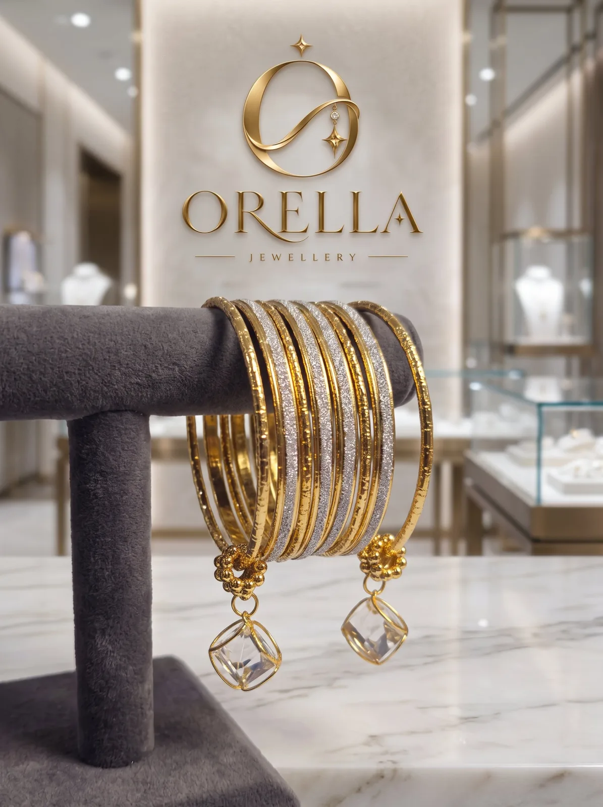 Gold & Silver Glitter Bangle Set with Crystal Charms