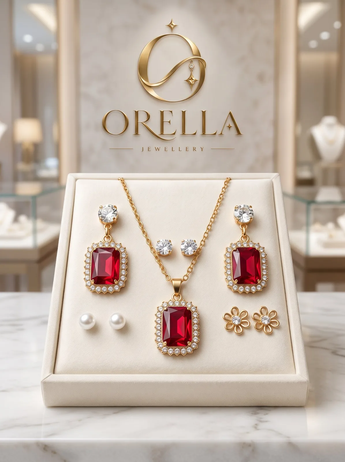 Gold Red Crystal Pendant & Earrings Jewellery Set