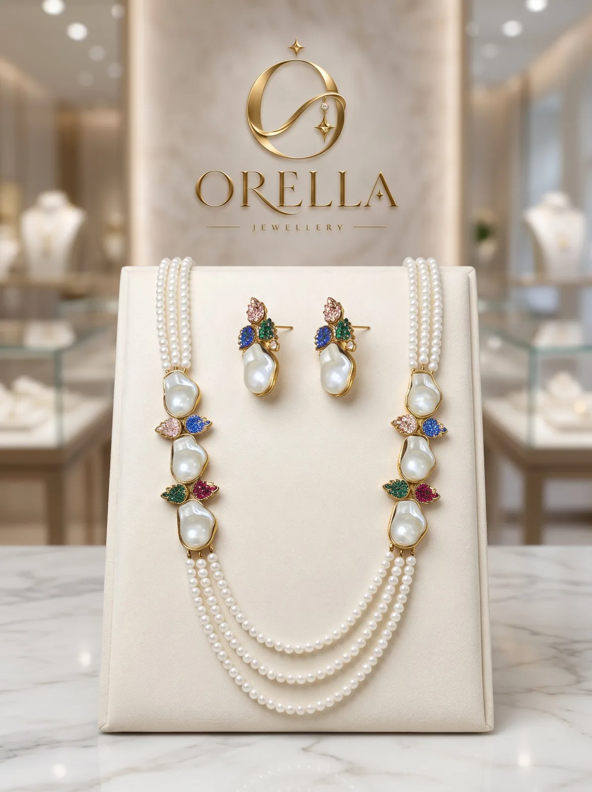 Triple Layer Pearl Necklace Set with Multicolour Crystal Accents