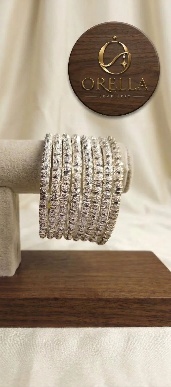 Stardust Diamond-Cut Textured Silver Bangles (Set of 8)