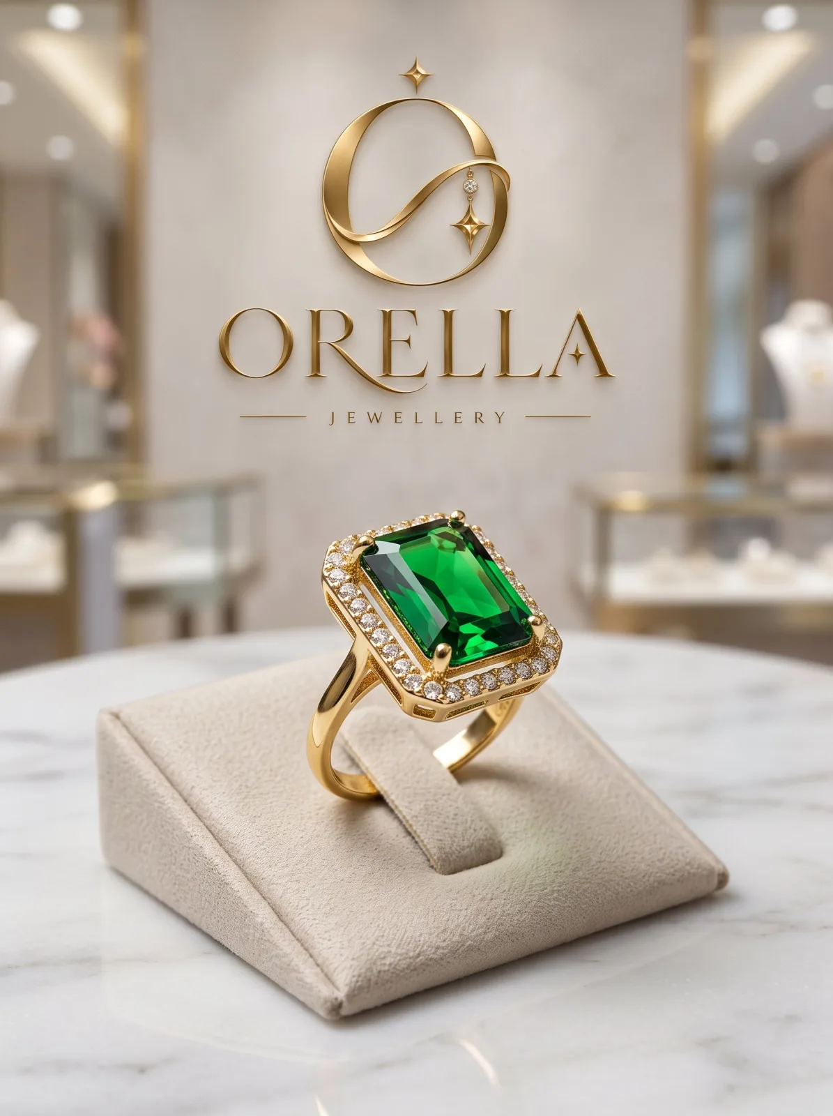 Gold Emerald Green Halo Cocktail Ring