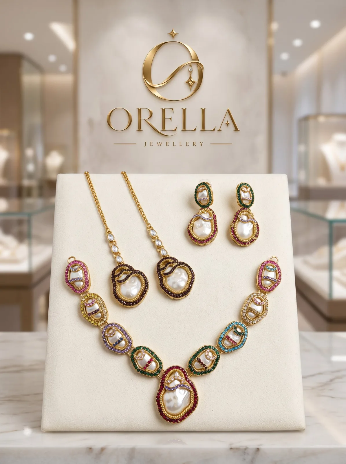 Multicolour Baroque Pearl Necklace Set with Earrings & Tikka