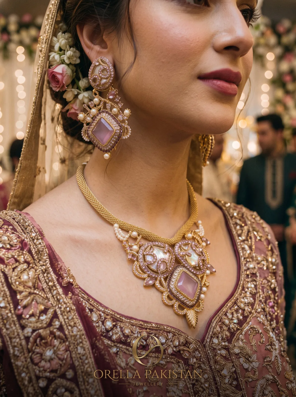Gold Pink Crystal & Pearl Statement Necklace Set with Drop Earrings