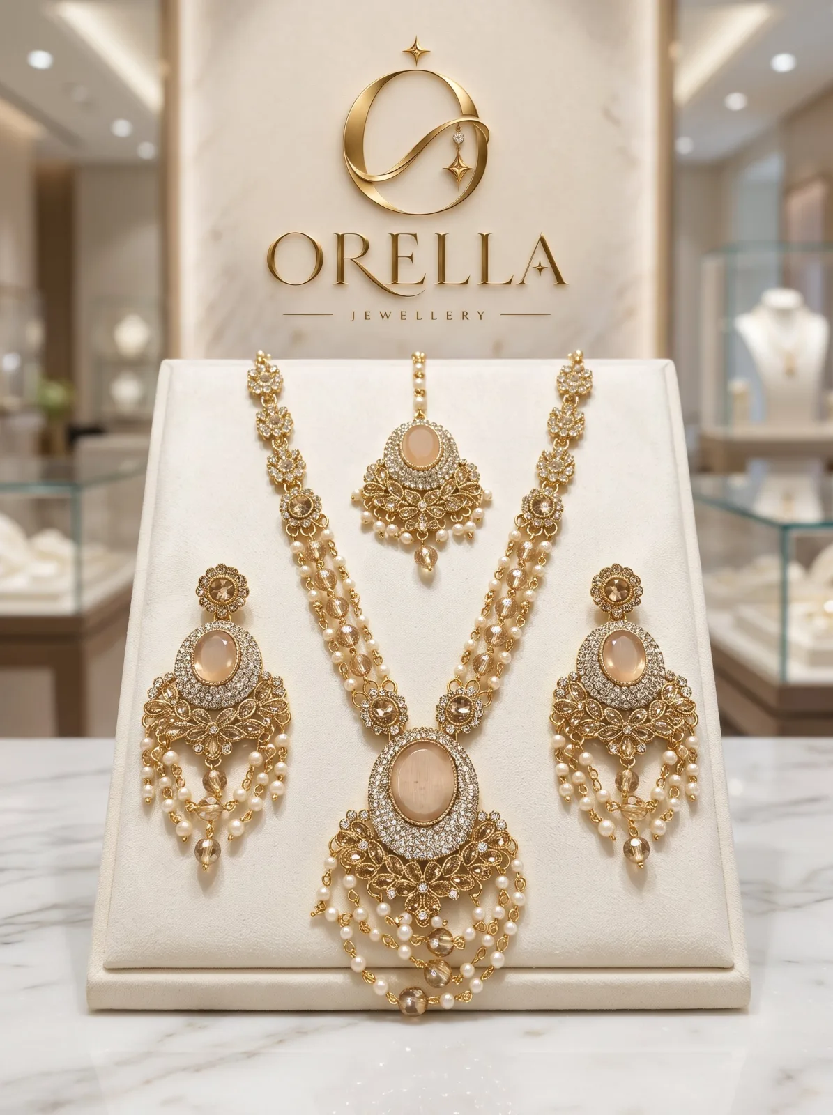 Peach & Gold Bridal Necklace Set with Earrings & Tikka