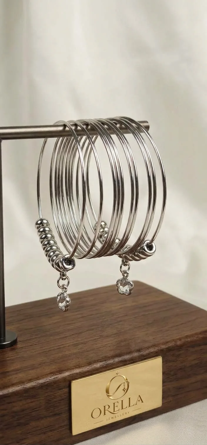 Celestial Silver Stackable Bangles with Beaded Accents & Crystal Charms
