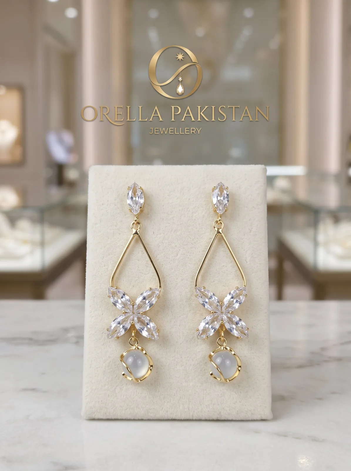 Gold Crystal Flower Teardrop Drop Earrings with White Bead