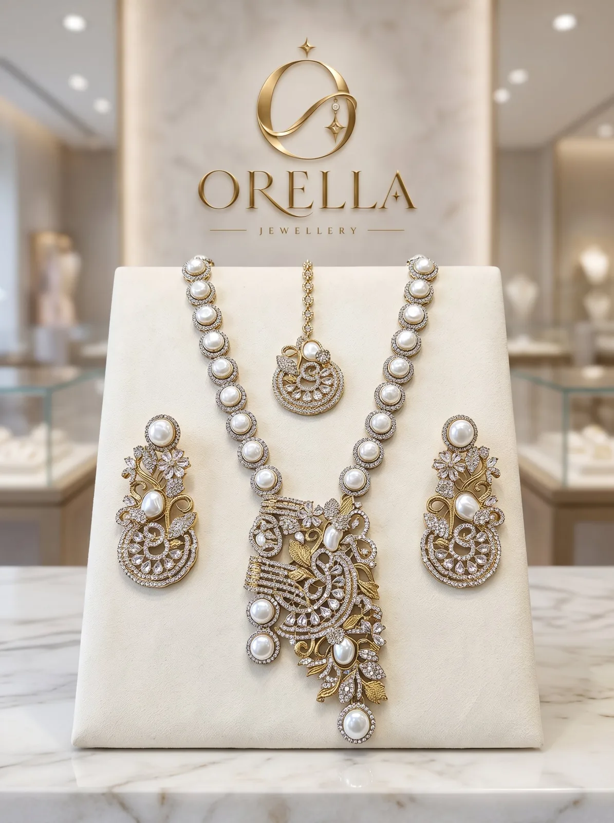 Pearl & Crystal Bridal Necklace Set with Earrings & Tikka