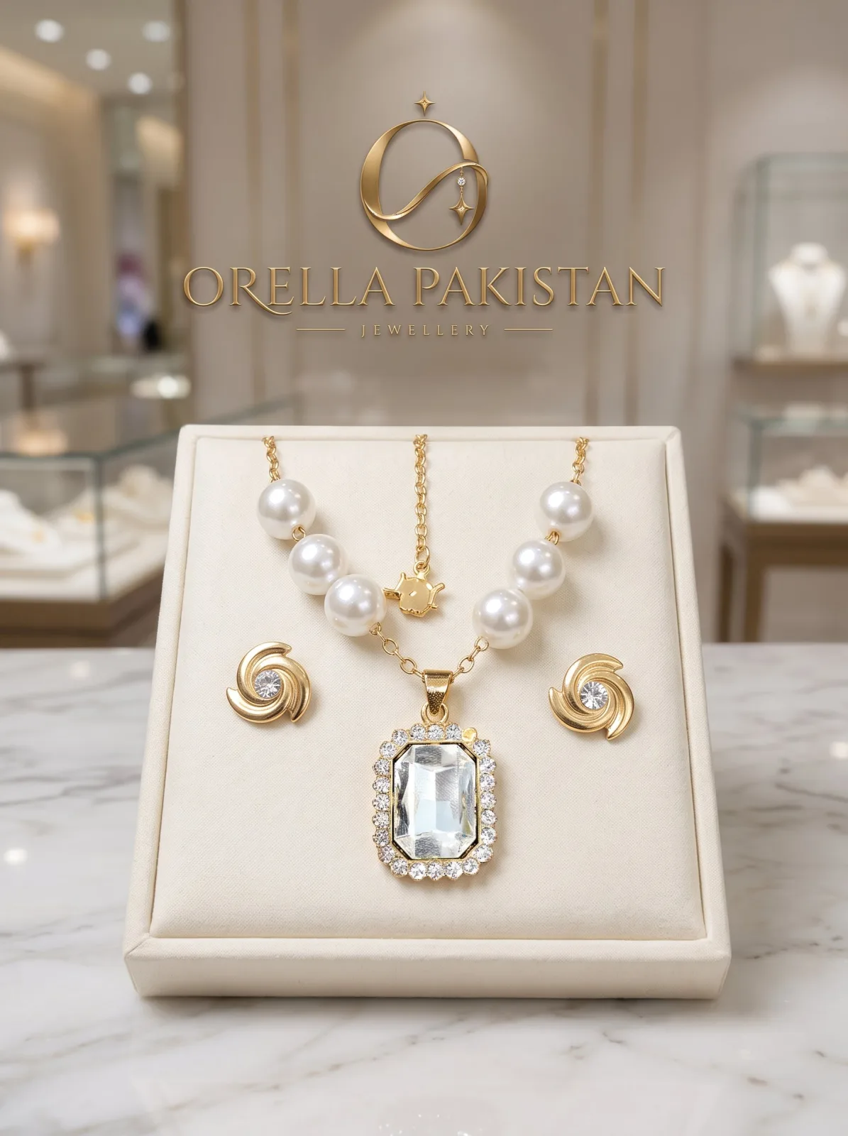 Gold Pearl & Crystal Pendant Necklace Set with Swirl Earrings