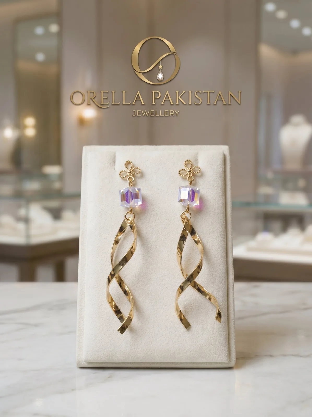 Gold Twist Drop Earrings – Lilac Crystal Cube Long Statement Earrings