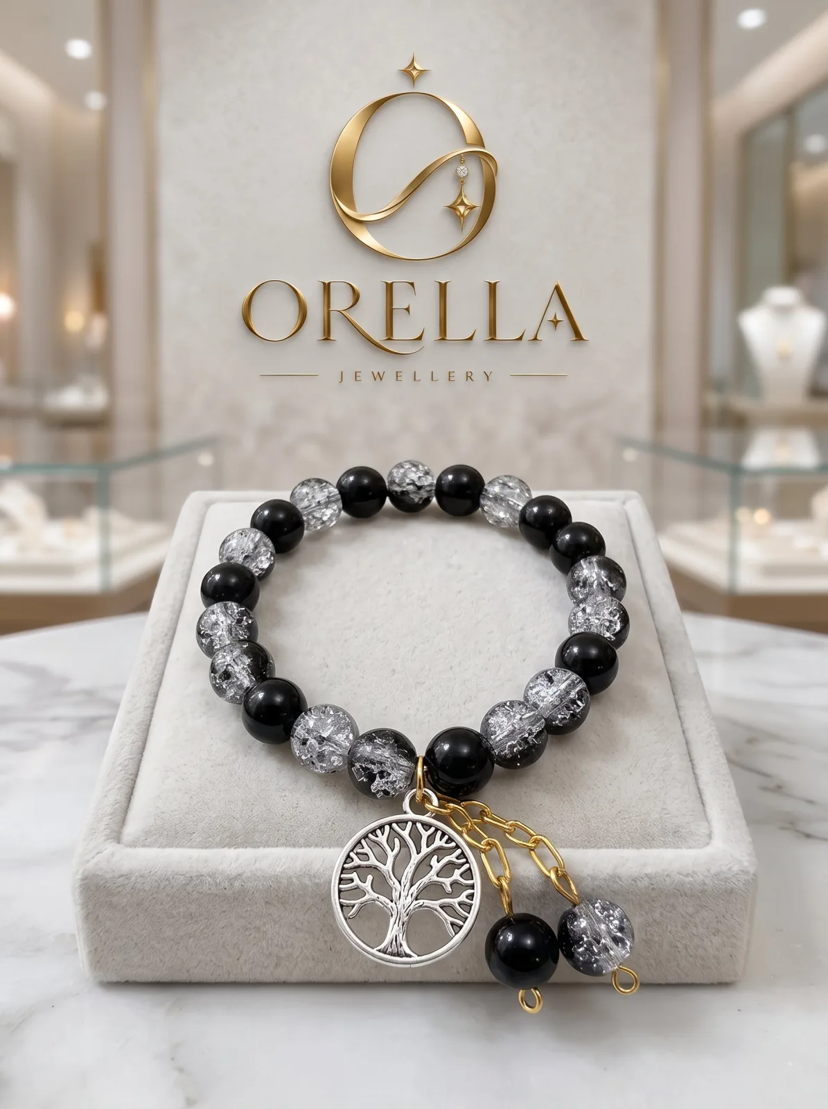 Black Beaded Tree of Life Charm Bracelet