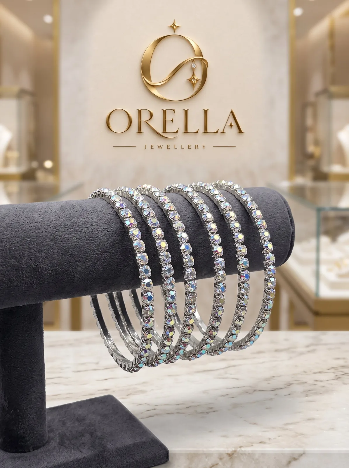Silver Iridescent Crystal Bangle Set